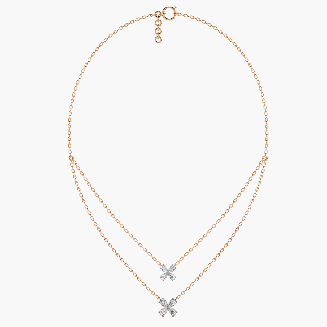 Twin Bloom Necklace (With Chain) - Front View in Rose Gold - Diamond Pendant by Moena