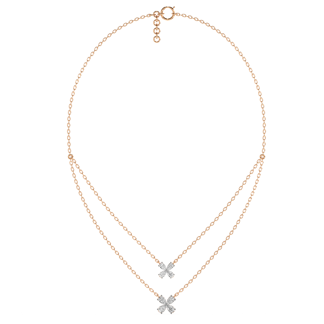 Twin Bloom Necklace (With Chain) - Front View in Rose Gold - Diamond Pendant by Moena