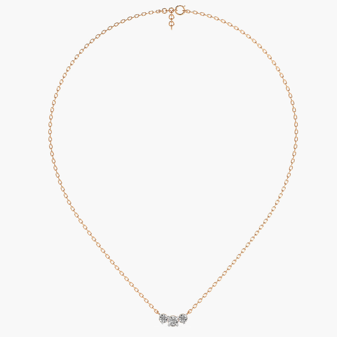 Three-Stone Lab-Grown Diamond Necklace(With Chain) - Front View in Rose Gold - Diamond Pendant by Moena