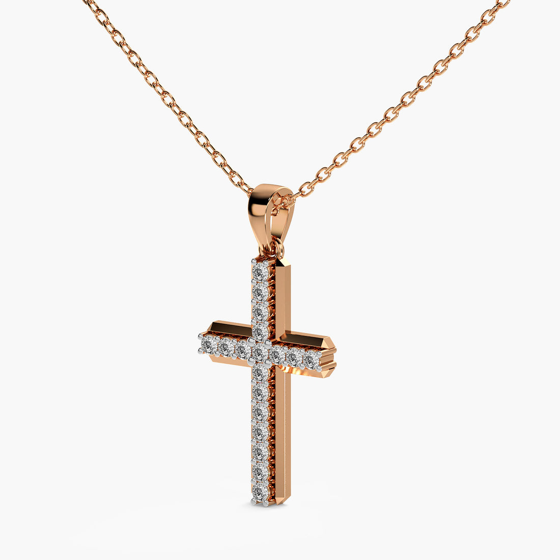 Faithful Glow Lab-Grown Diamond Cross Pendant (With Chain) - 3D View in Rose Gold - Diamond Pendant by Moena