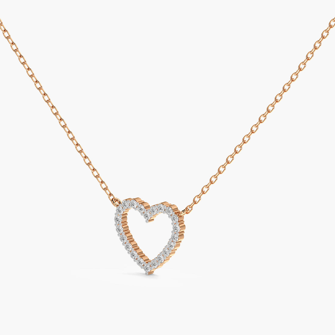 Open Heart Lab-Grown Diamond Necklace(With Chain) - 3D View in Rose Gold - Heart Diamond Pendant by Moena