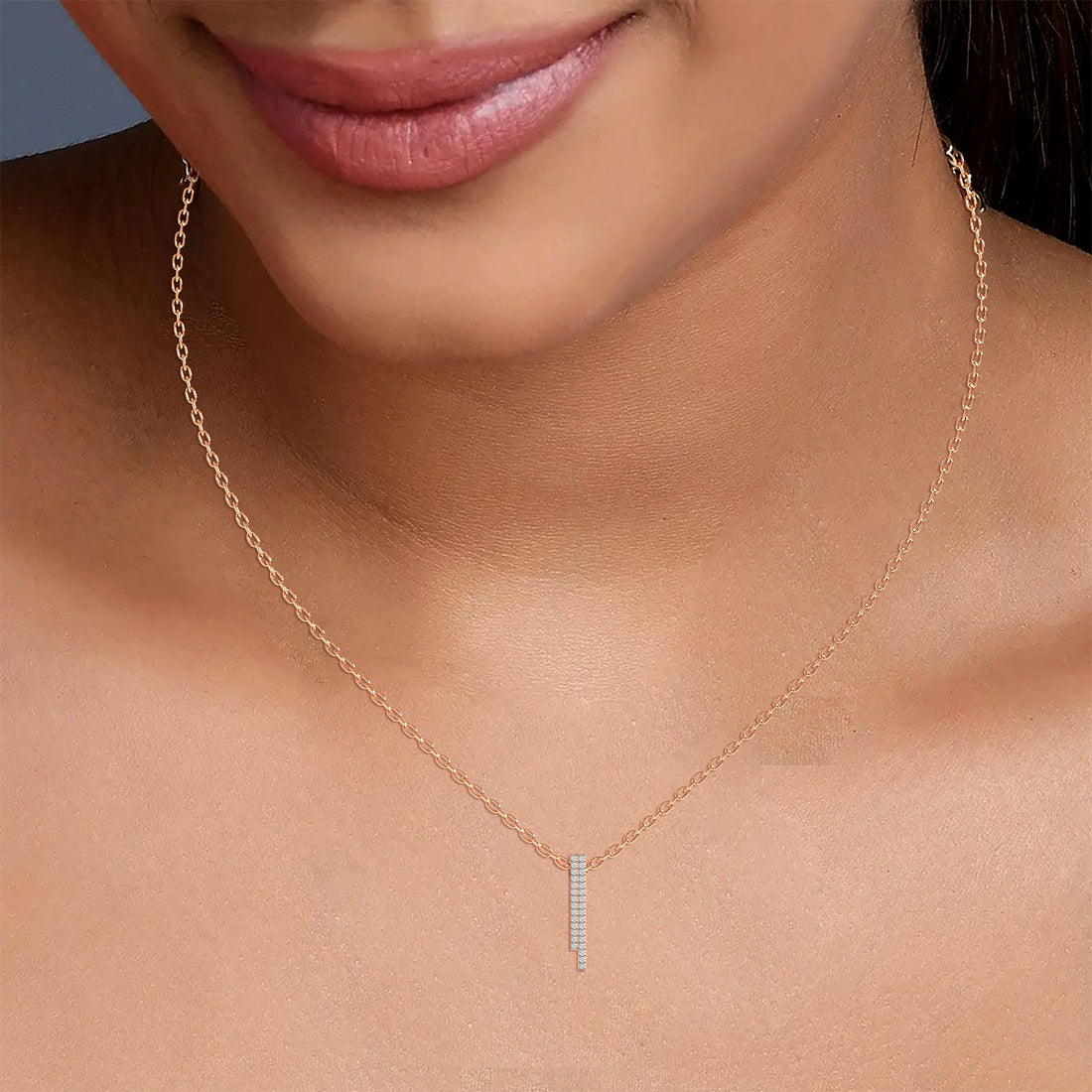 Sleek Diamond Bar Pendant - Model View in Rose Gold - Diamond Pendant by Moena