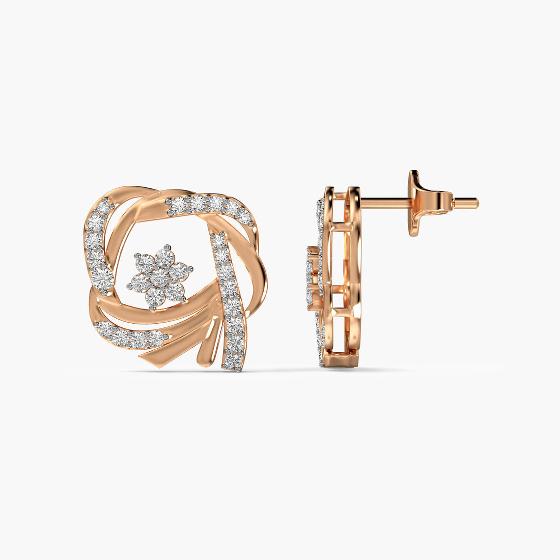 Bloom Knot Studs - Side View in Rose Gold - Diamond Stud by Moena