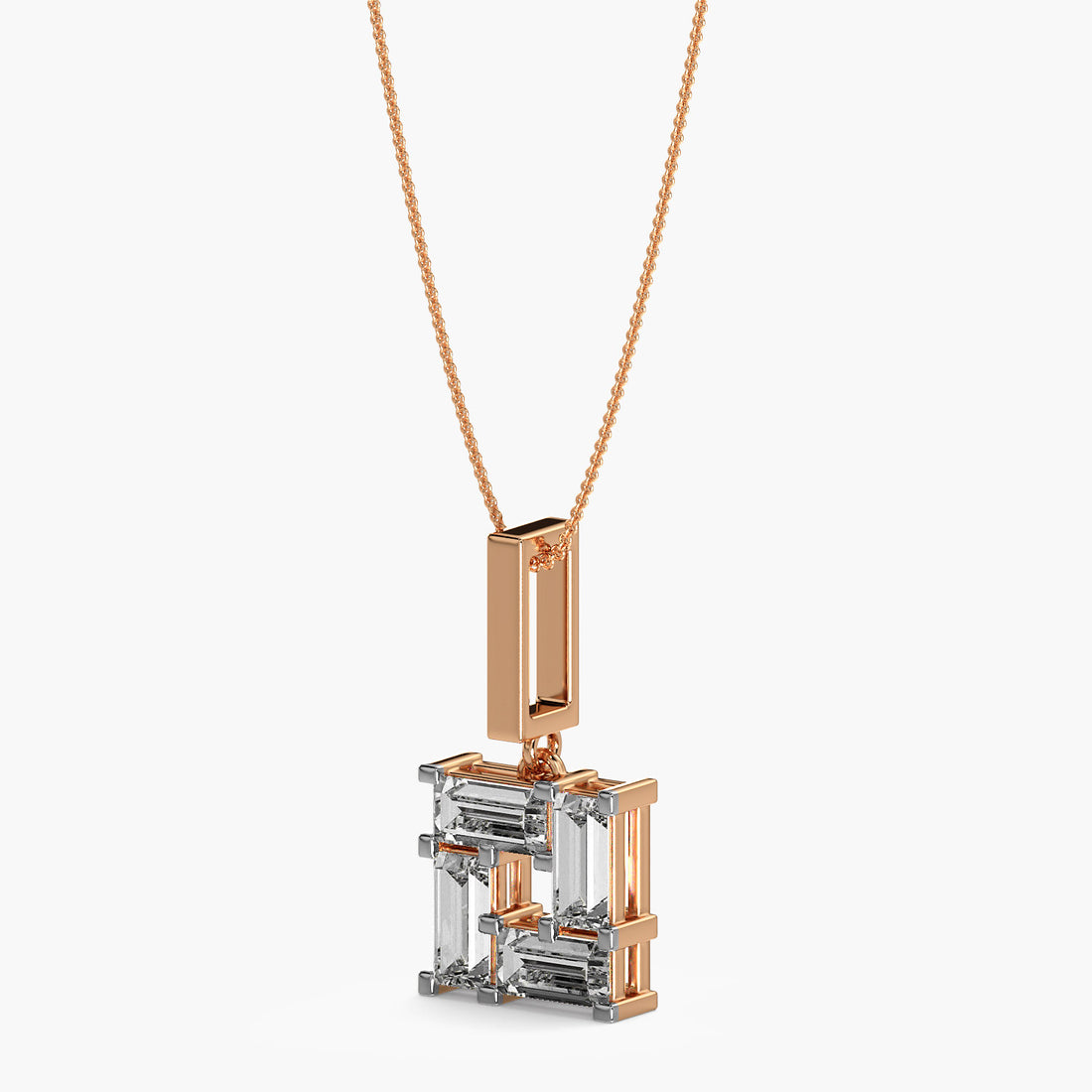 Baguette Square Pendant (With chain) - 3D View in Rose Gold - Baguette Diamond Pendant by Moena