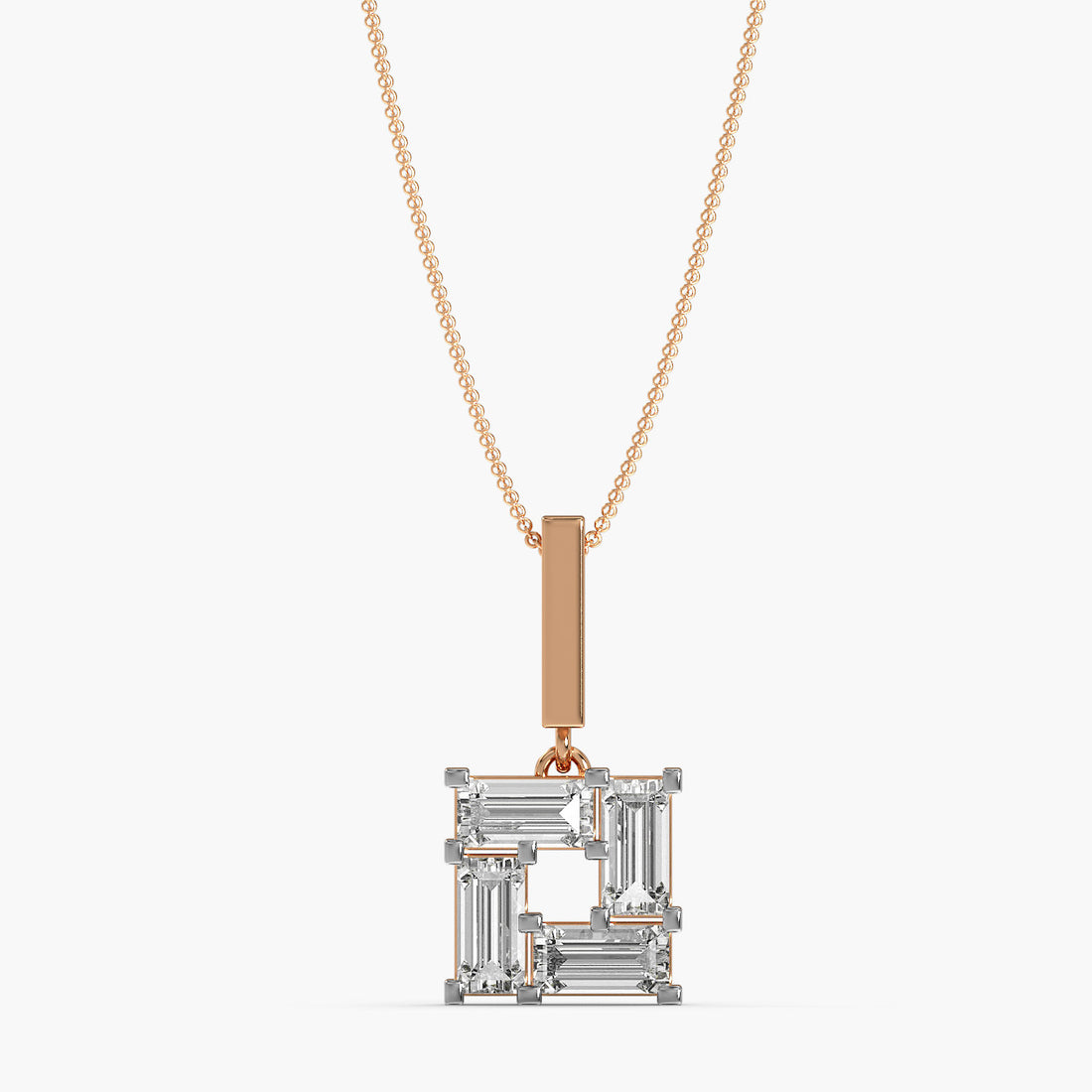 Baguette Square Pendant (With chain) - Front View in Rose Gold - Baguette Diamond Pendant by Moena