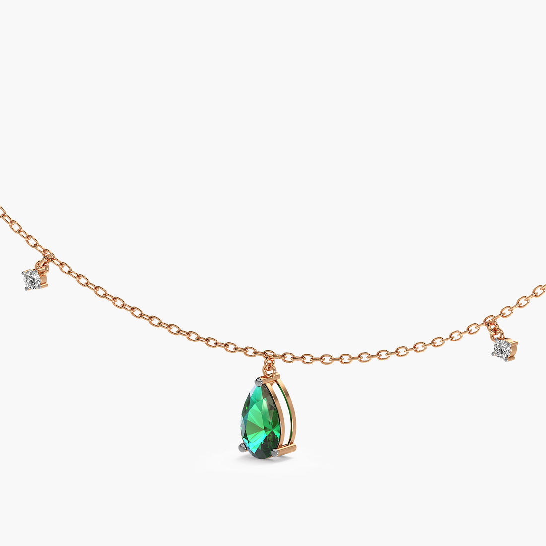 Emerald Charms Necklace (With chain) - 3D View in Rose Gold - Emerald Diamond Pendant by Moena