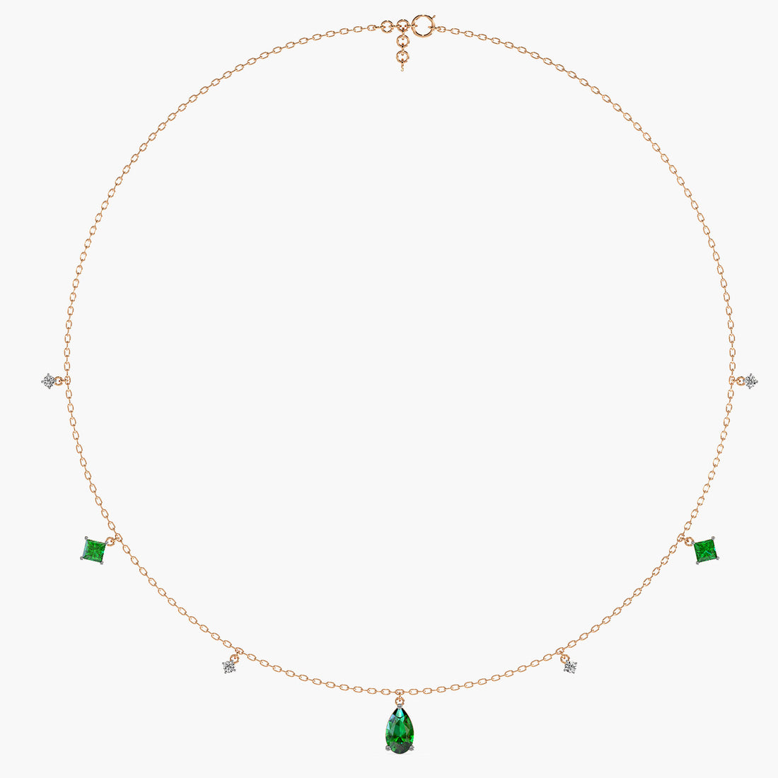 Emerald Charms Necklace (With chain) - Front View in Rose Gold - Emerald Diamond Pendant by Moena