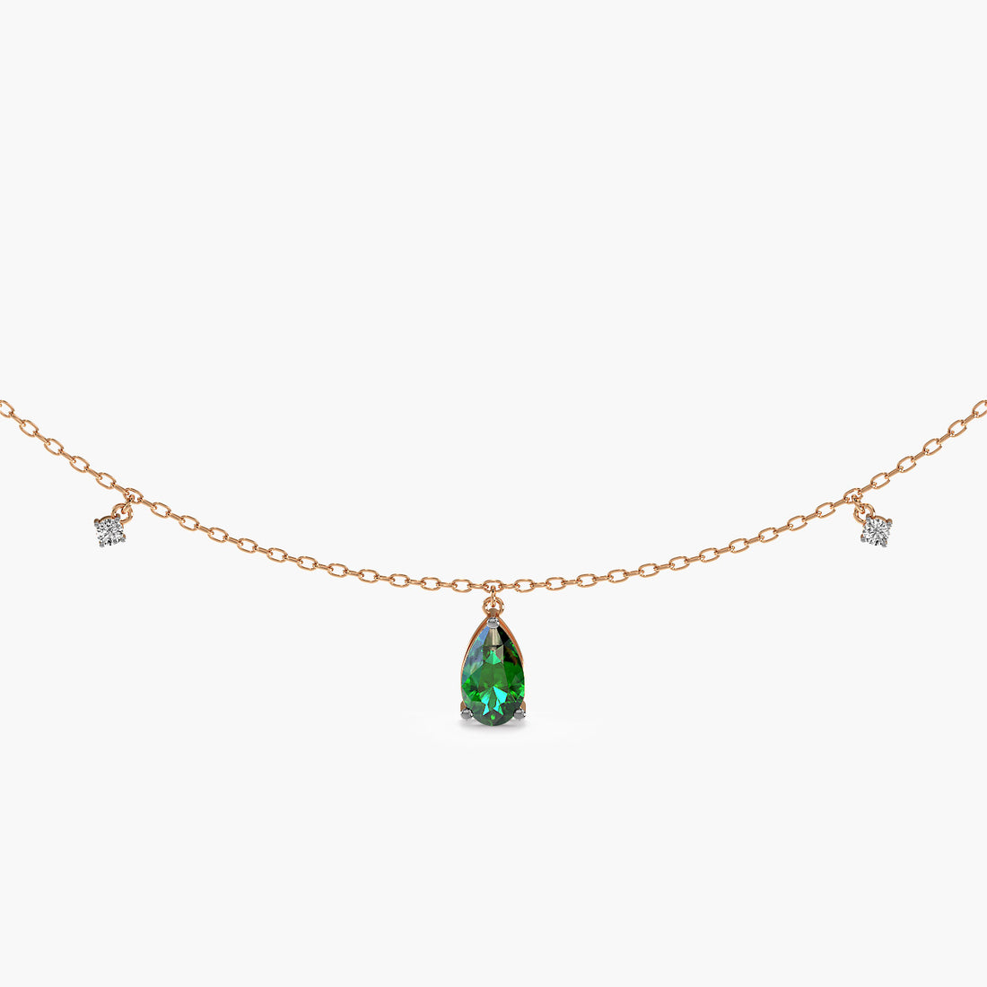 Emerald Charms Necklace (With chain) - Standard View in Rose Gold - Emerald Diamond Pendant by Moena