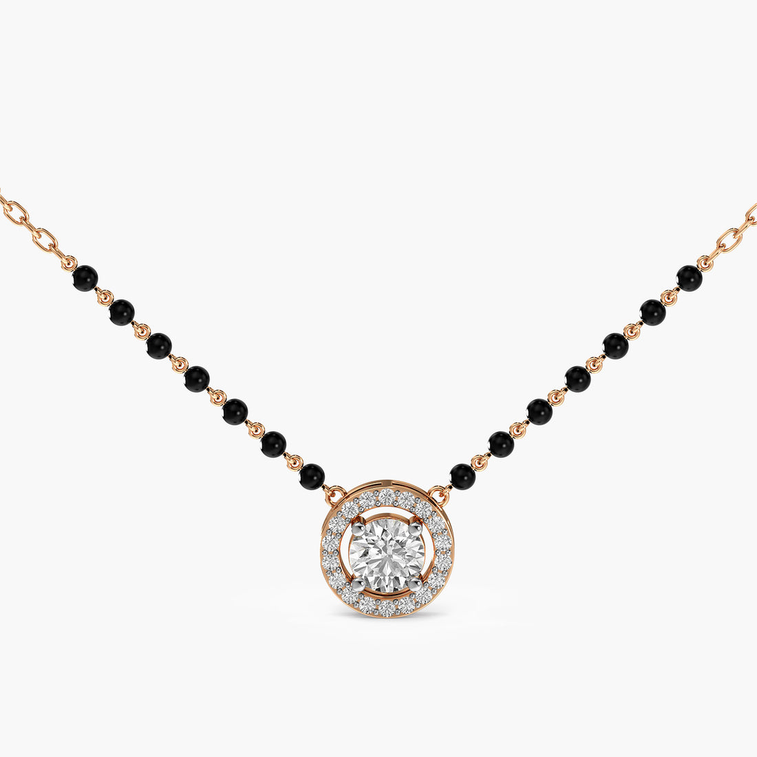 Circle Halo Mangalsutra - Front View in Rose Gold - Diamond Pendant by Moena