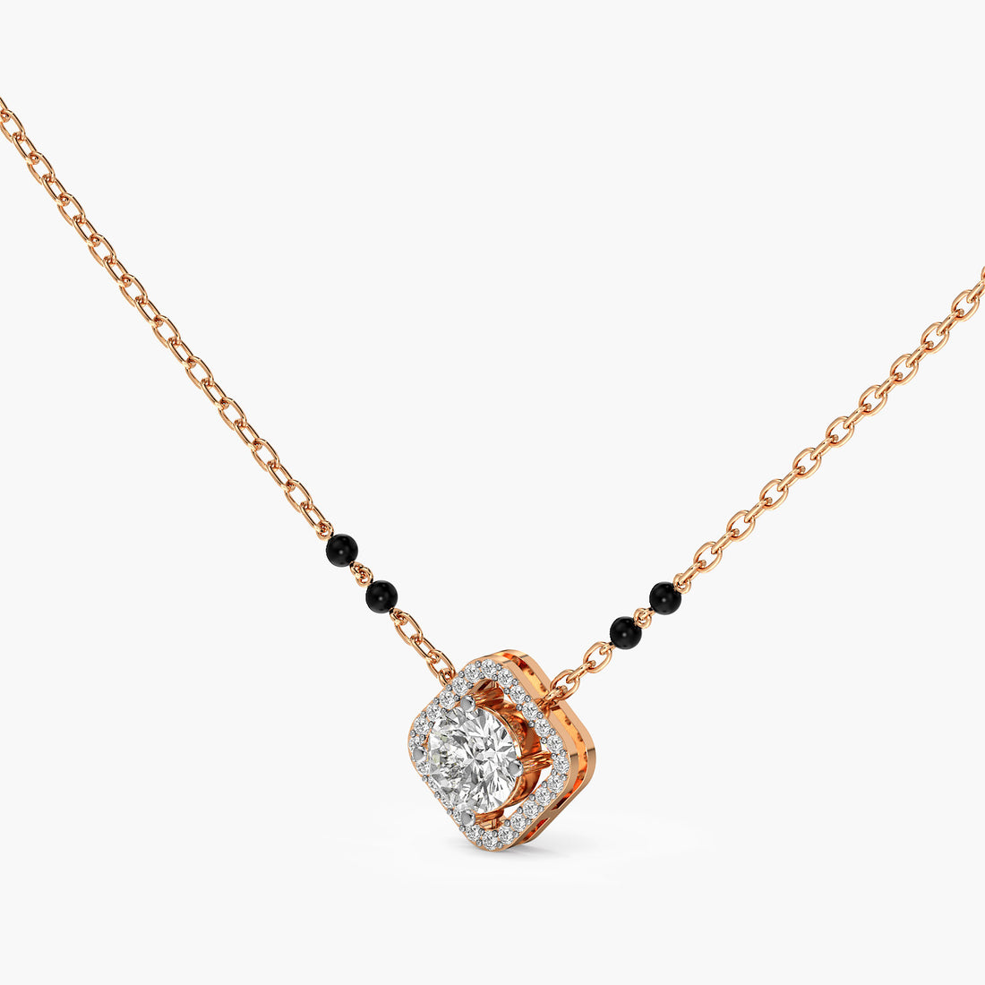Square Halo Mangalsutra - 3D View in Rose Gold - Diamond Pendant by Moena