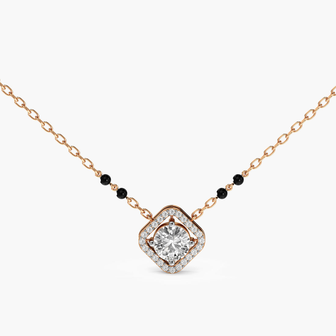 Square Halo Mangalsutra - Front View in Rose Gold - Diamond Pendant by Moena