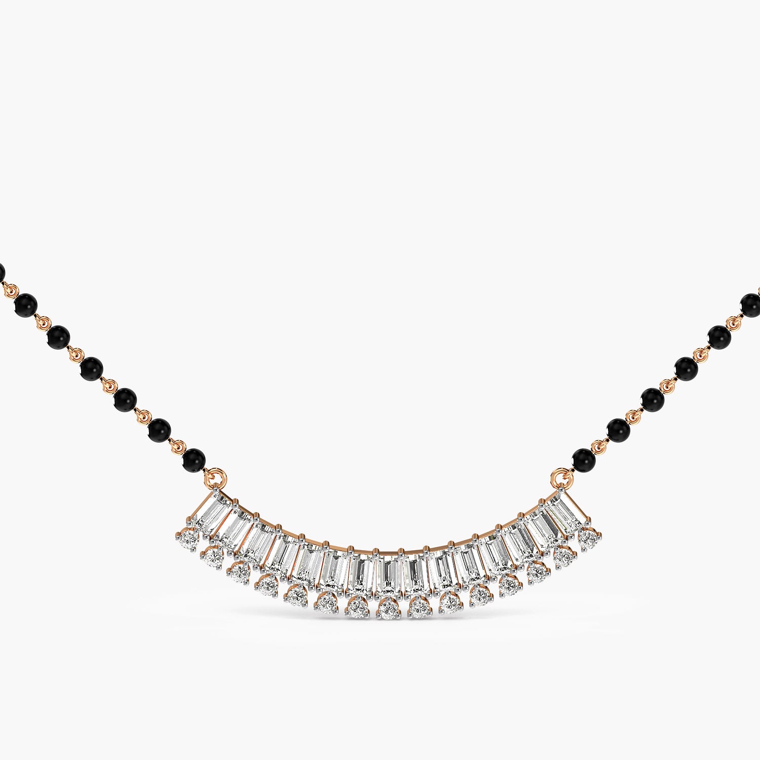 Baguette Fan Mangalsutra - Front View in Rose Gold - Baguette Diamond Pendant by Moena