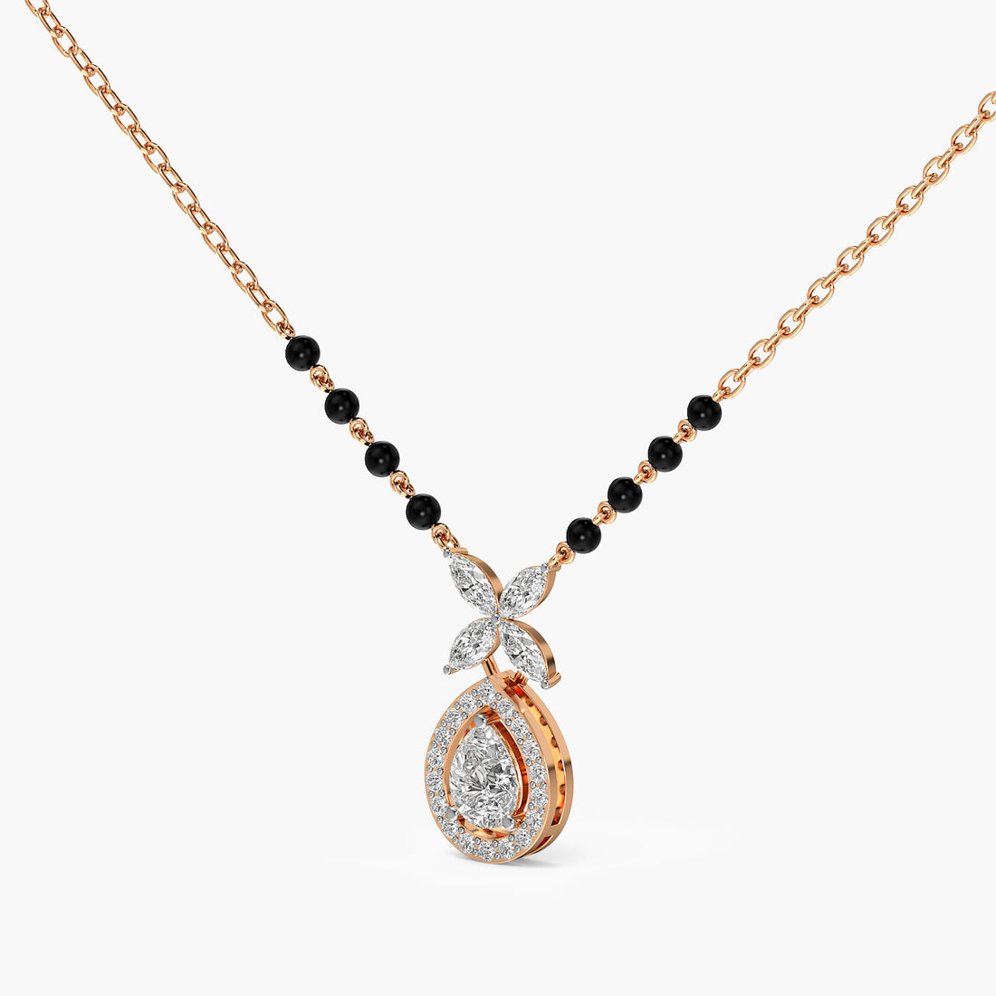 Floral Teardrop Mangalsutra - 3D View in Rose Gold - Diamond Pendant by Moena