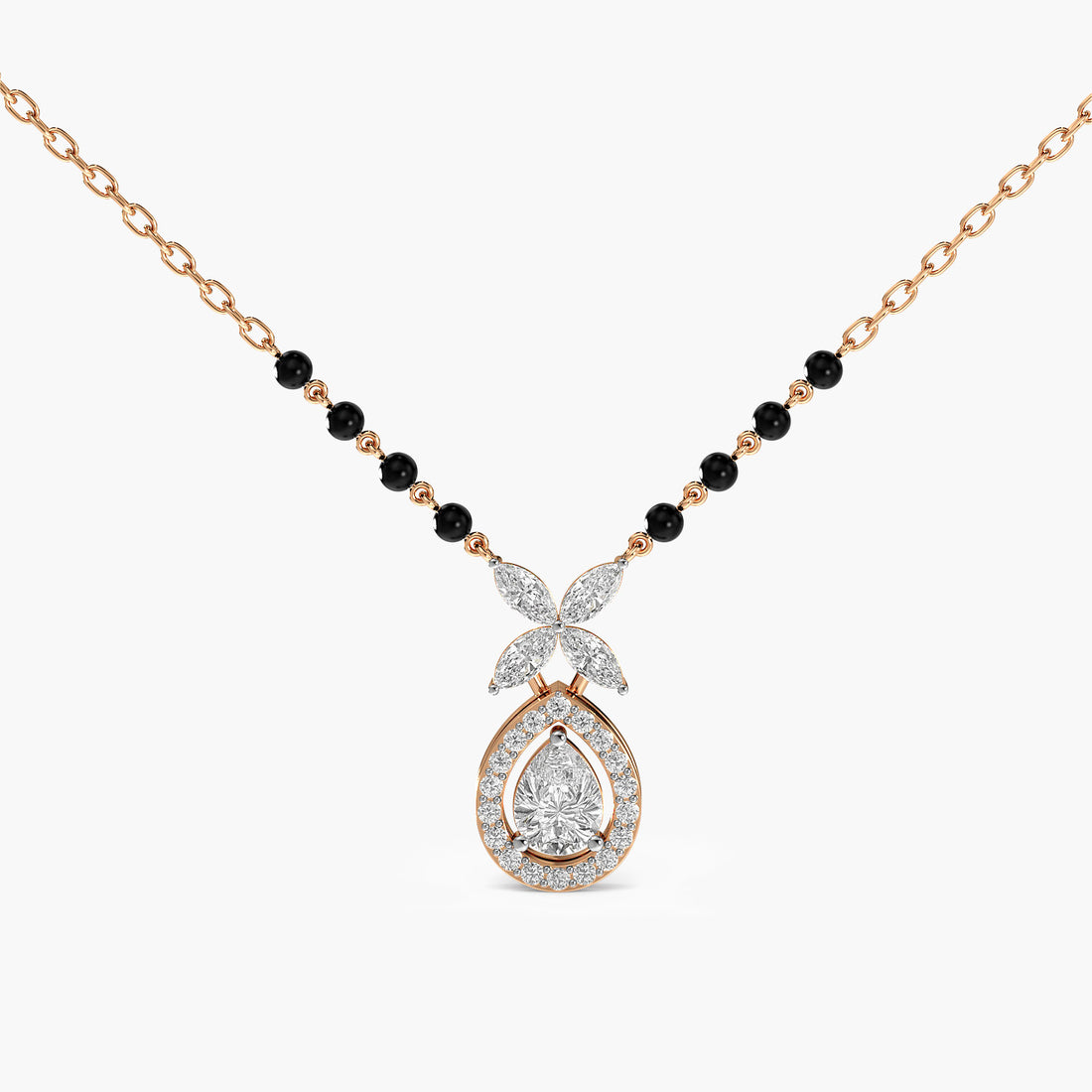 Floral Teardrop Mangalsutra - Front View in Rose Gold - Diamond Pendant by Moena