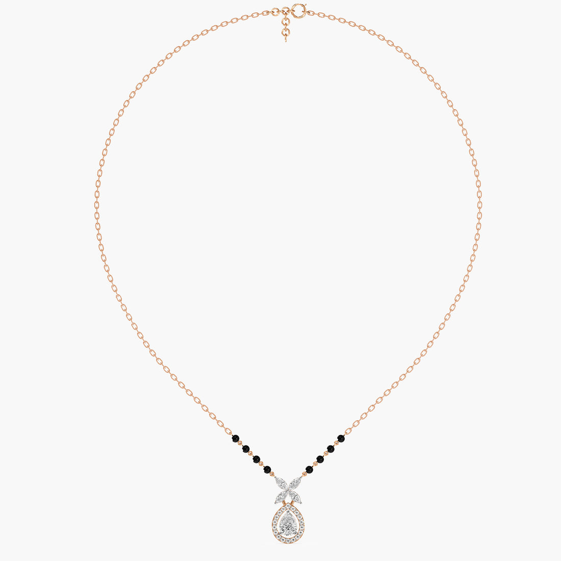 Floral Teardrop Mangalsutra - Full View in Rose Gold - Diamond Pendant by Moena