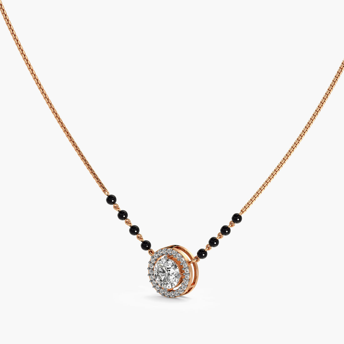 Classic Halo Mangalsutra Set (With chain) - 3D View in Rose Gold - Diamond Pendant by Moena