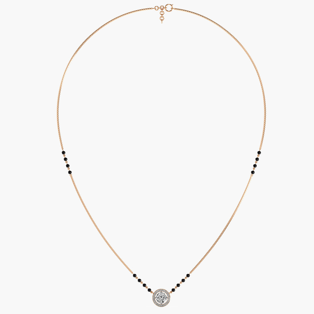 Classic Halo Mangalsutra Set (With chain) - Front View in Rose Gold - Diamond Pendant by Moena