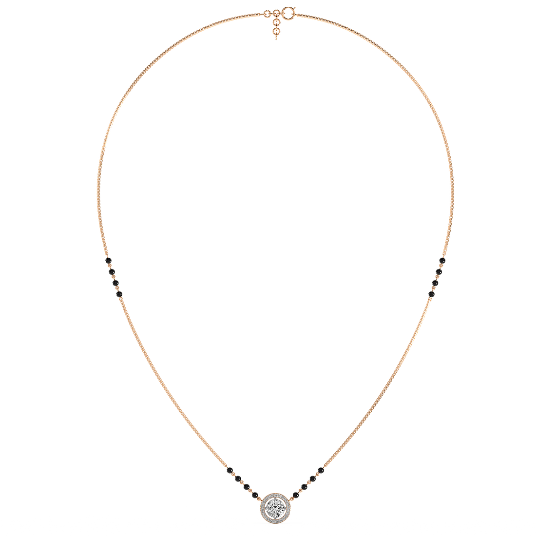 Classic Halo Mangalsutra Set (With chain) - Front View in Rose Gold - Diamond Pendant by Moena