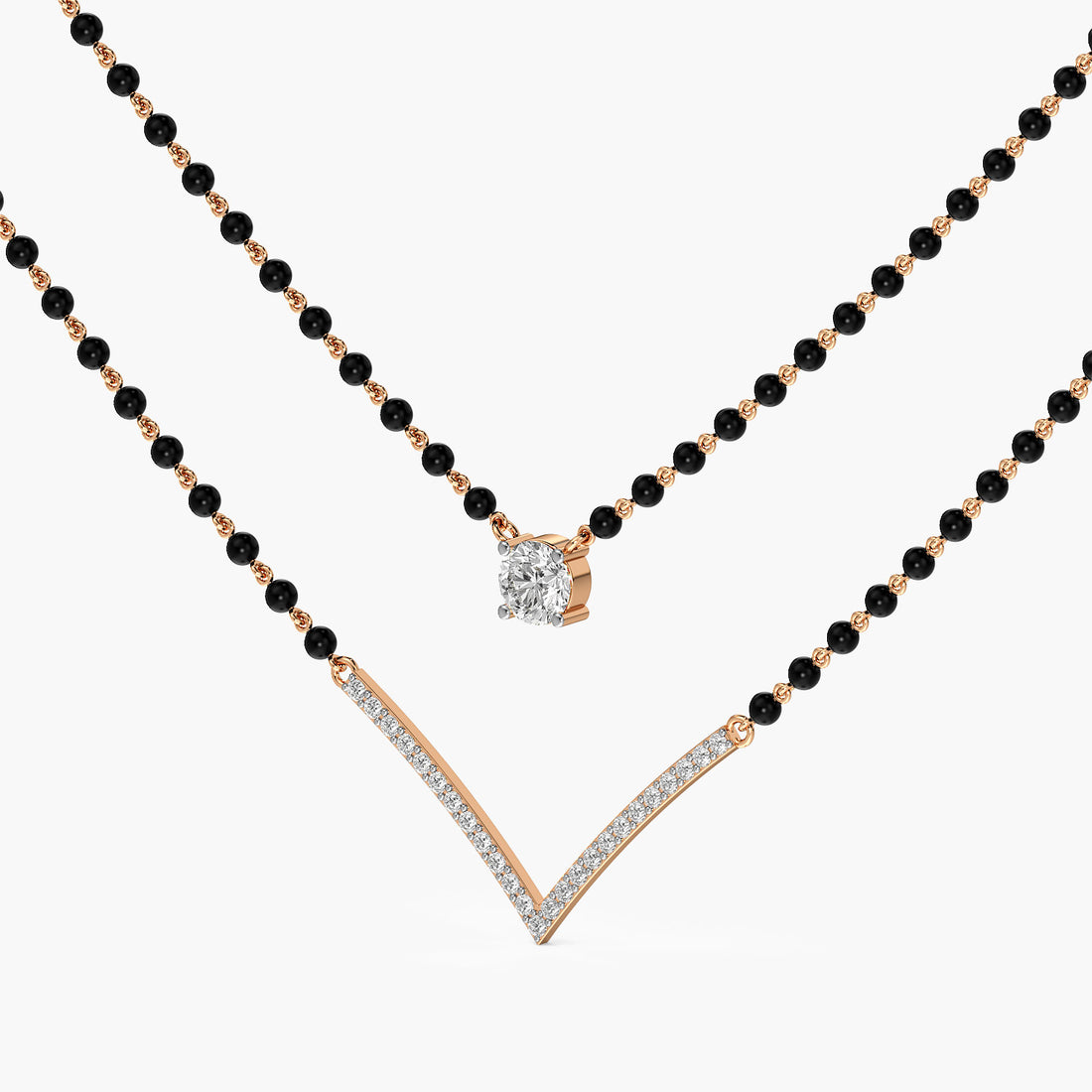 Layered V Solitaire Mangalsutra - 3D View in Rose Gold - Diamond Pendant by Moena