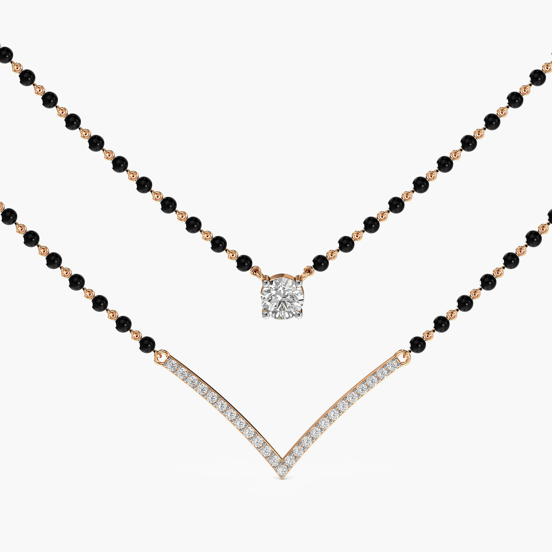Layered V Solitaire Mangalsutra - Front View in Rose Gold - Diamond Pendant by Moena