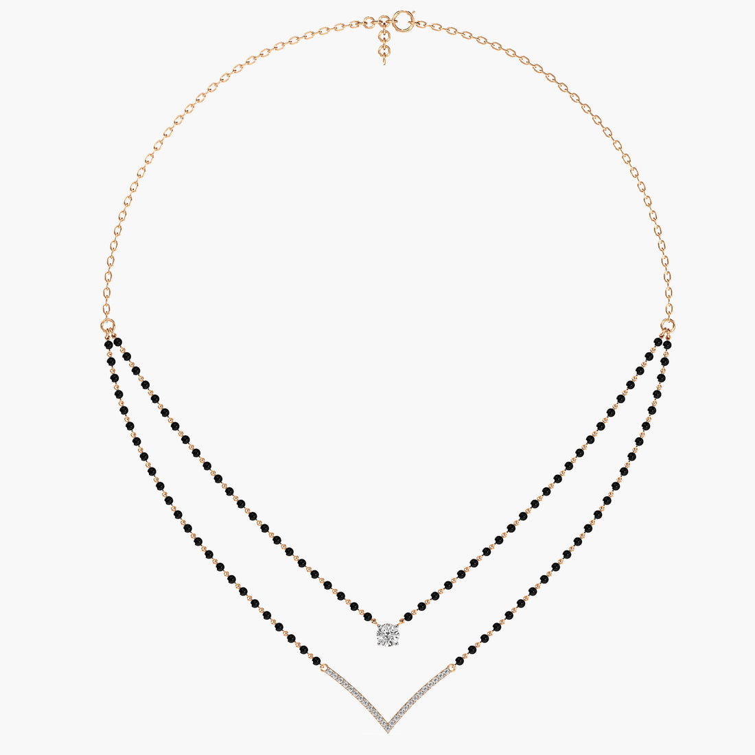 Layered V Solitaire Mangalsutra - Full View in Rose Gold - Diamond Pendant by Moena