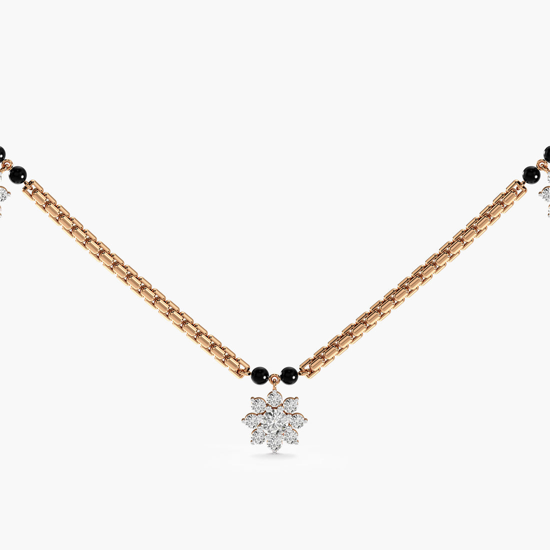 Bold Link Floral Mangalsutra - Front View in Rose Gold - Diamond Pendant by Moena