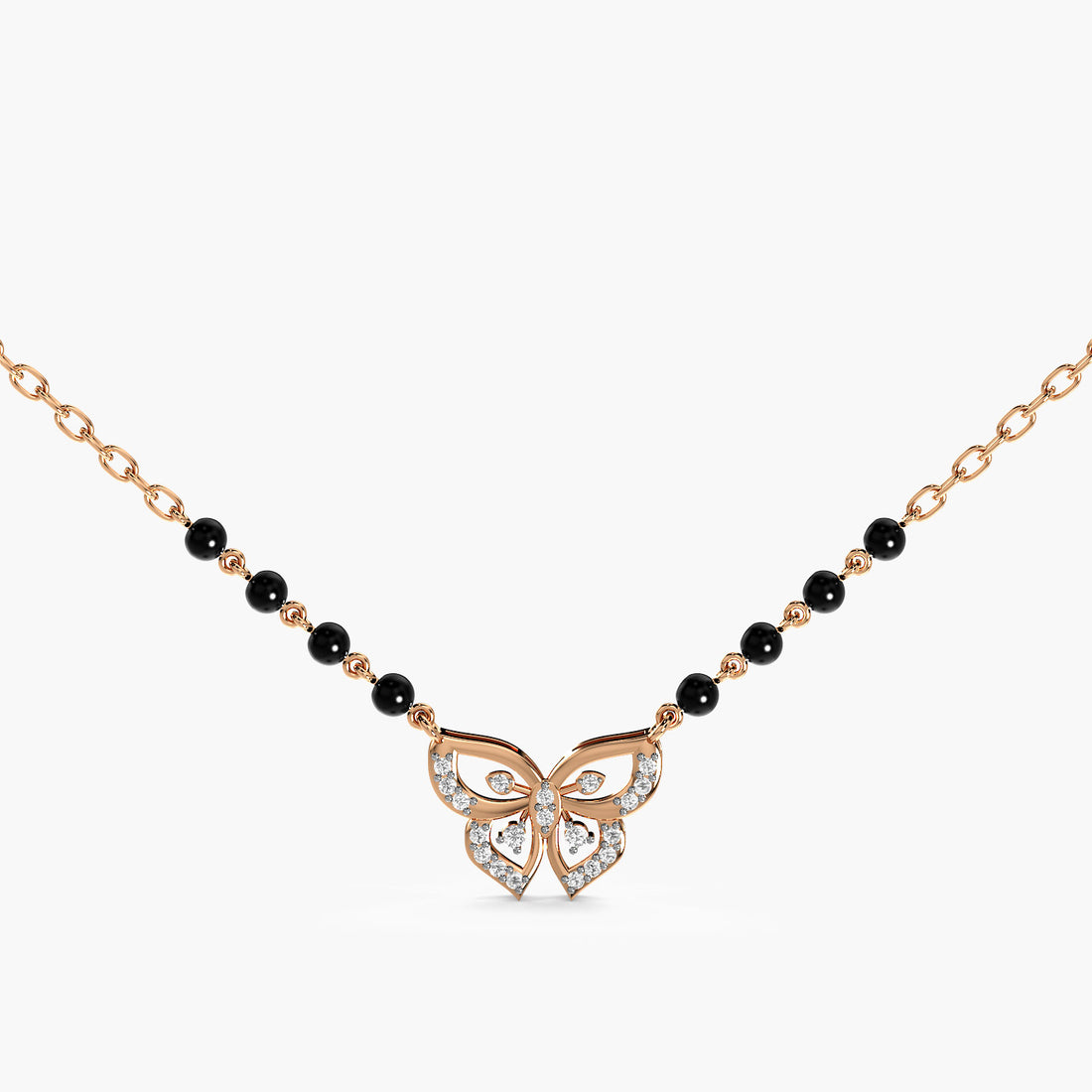 Butterfly Charm Mangalsutra - Front View in Rose Gold - Diamond Pendant by Moena