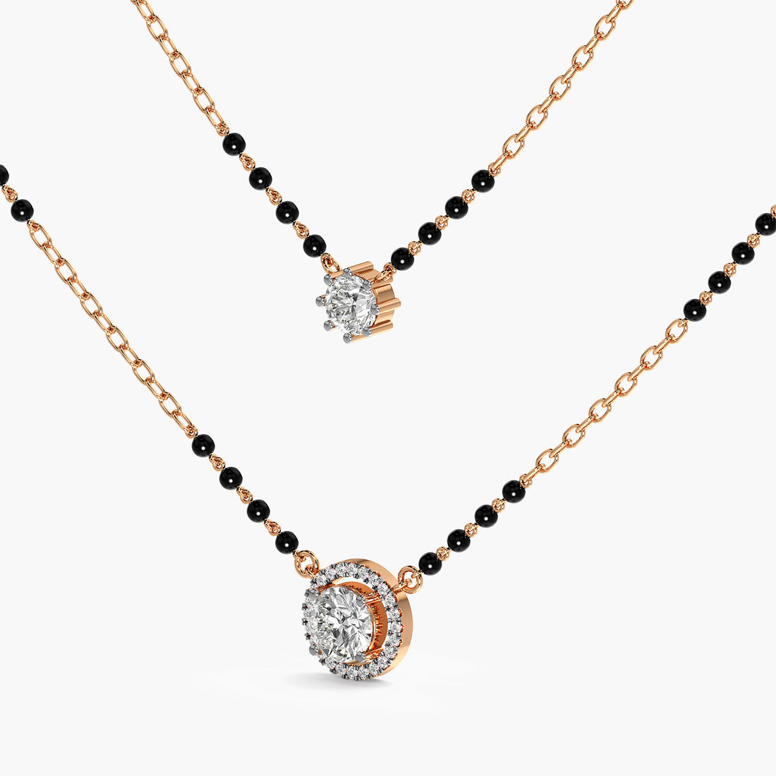 Halo & Solitaire Mangalsutra Set - 3D View in Rose Gold - Diamond Pendant by Moena