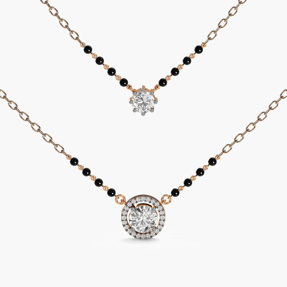 Halo & Solitaire Mangalsutra Set - Front View in Rose Gold - Diamond Pendant by Moena