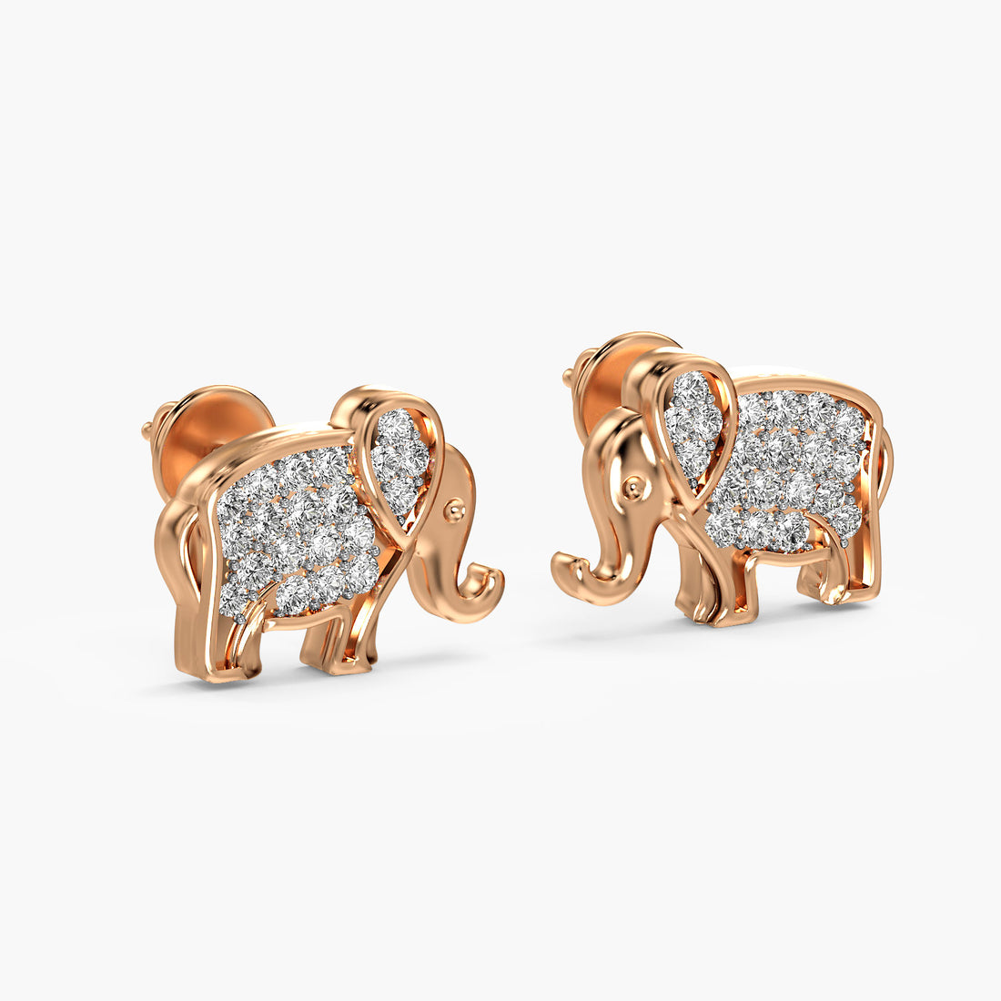 Elephant Motif Lab-Grown Diamond Earrings - 3D View in Rose Gold - Diamond Earring by Moena