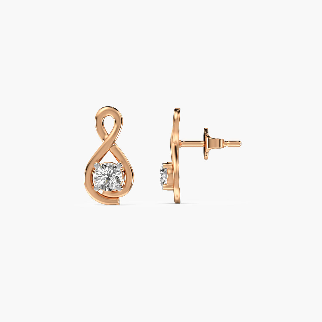 Infinity Solitaire Studs - Side View in Rose Gold - Diamond Stud by Moena