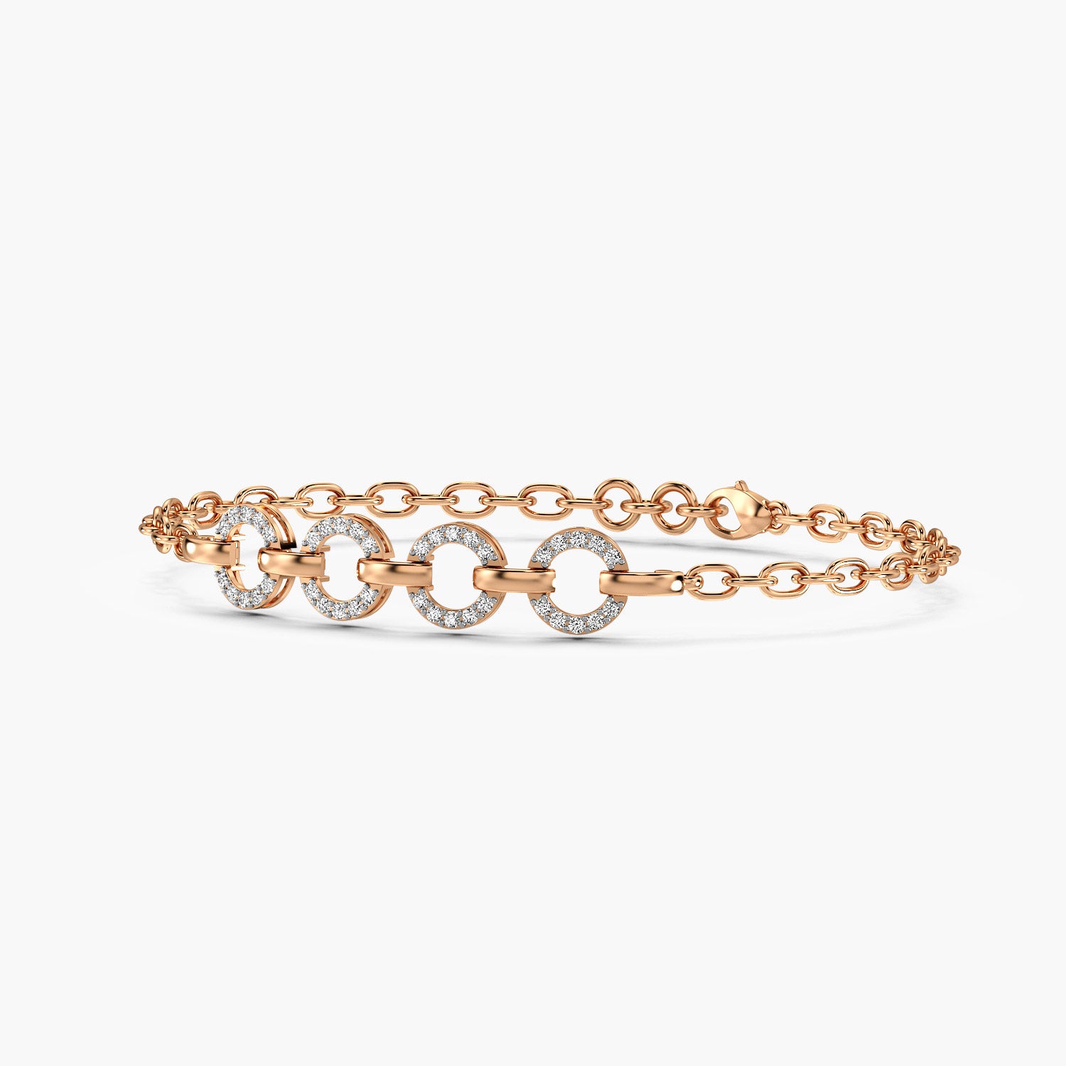 A bold rose gold bracelet featuring interlocking circular links adorned with lab grown diamonds. A sustainable statement piece with timeless allure.Perfect for luxury gifitng.