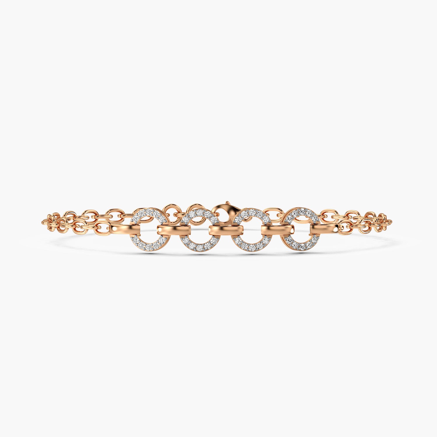 A bold rose gold bracelet featuring interlocking circular links adorned with lab grown diamonds. A sustainable statement piece with timeless allure.Perfect for luxury gifitng.