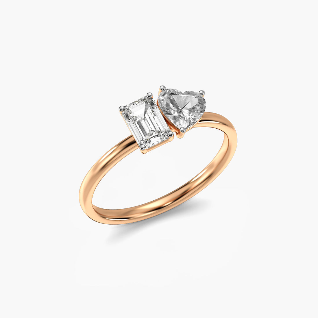 Toi et Moi Heart & Emerald Ring - 3D View in Rose Gold - Emerald Diamond Ring by Moena