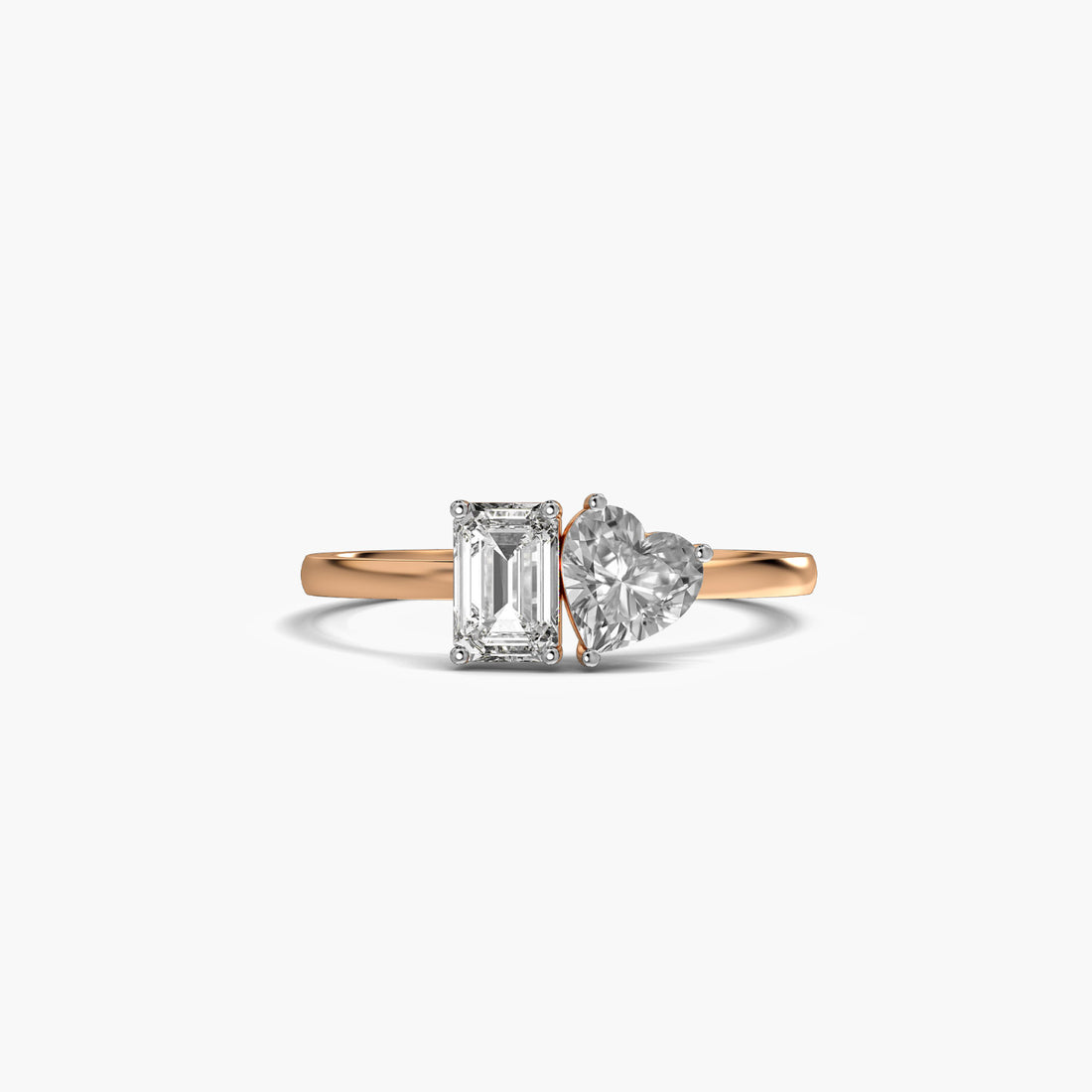 Toi et Moi Heart & Emerald Ring - Top View in Rose Gold - Emerald Diamond Ring by Moena