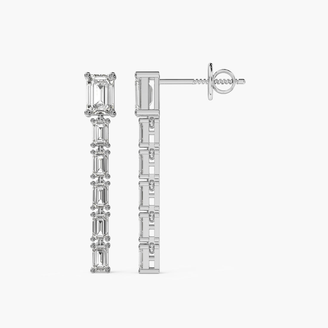Emerald Cut Drama Drops - Side View in White Gold - Emerald Diamond Jewellery by Moena