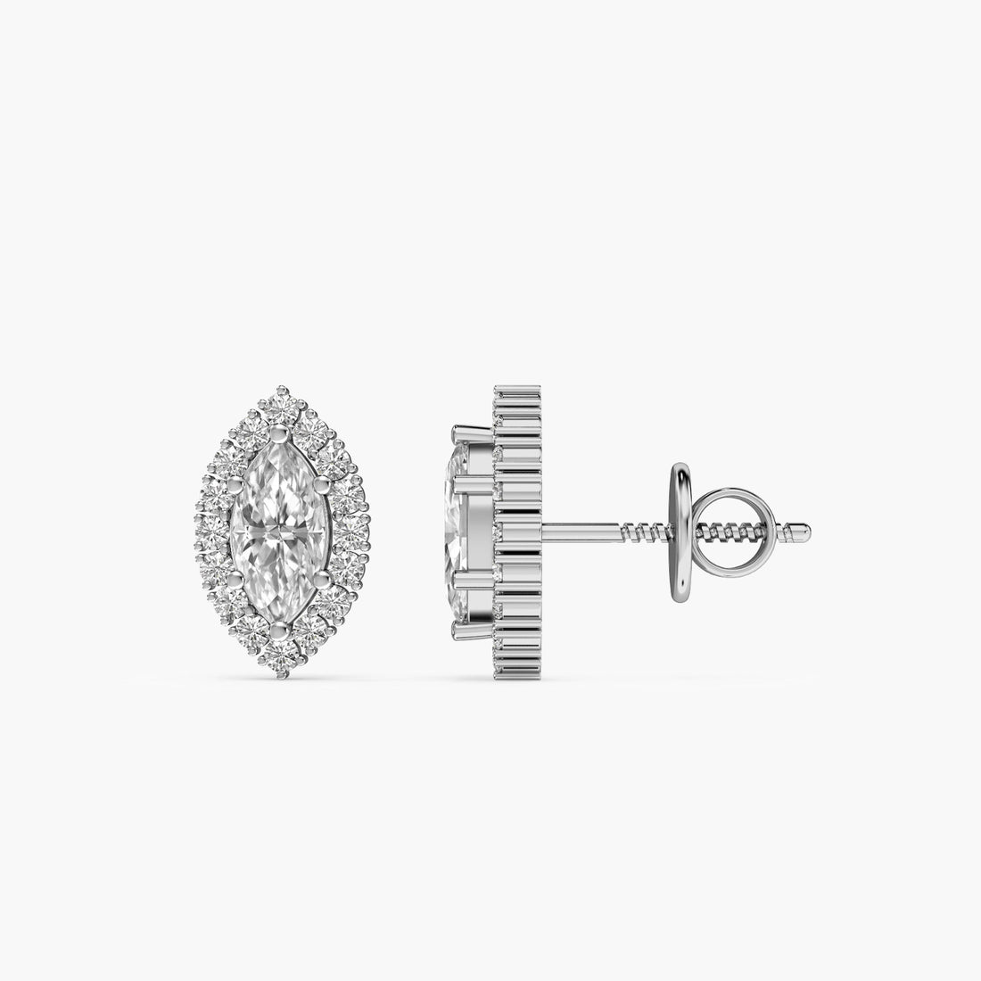 Radiant Marquise Halo Studs - Side View in White Gold - Marquise Diamond Stud by Moena