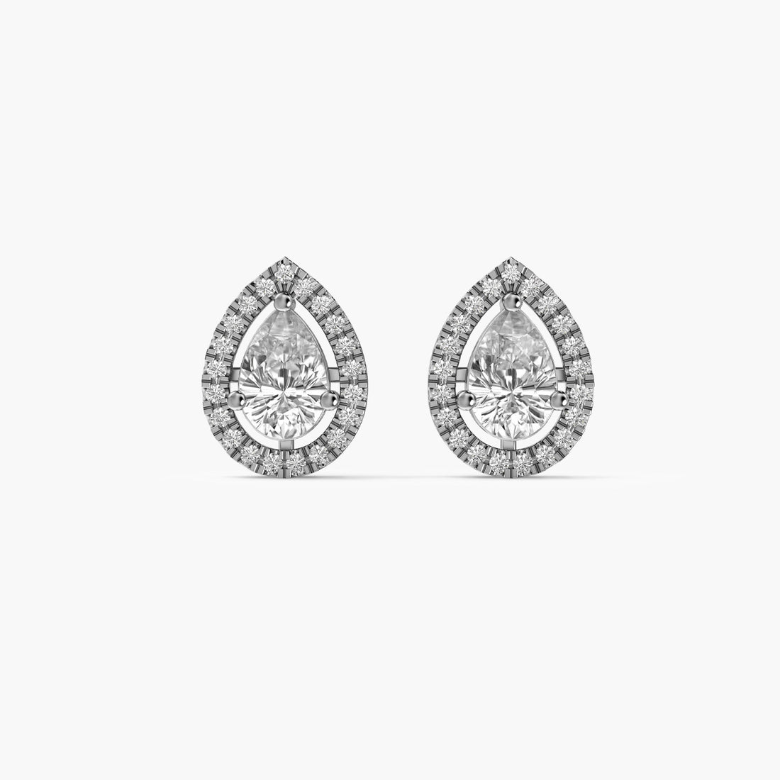 Pear Halo Diamond Studs - Front View in White Gold - Pear Diamond Stud by Moena