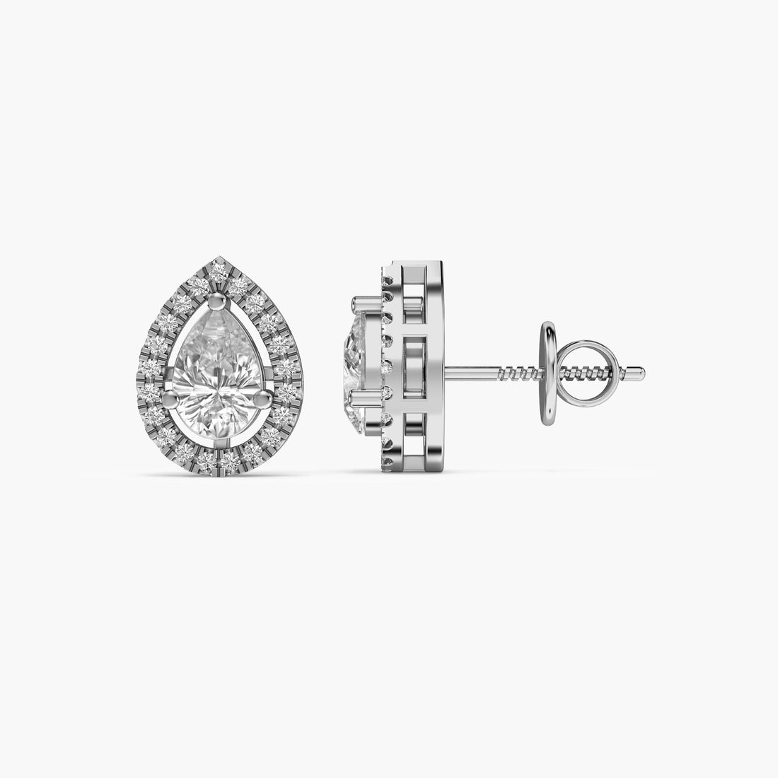 Pear Halo Diamond Studs - Side View in White Gold - Pear Diamond Stud by Moena