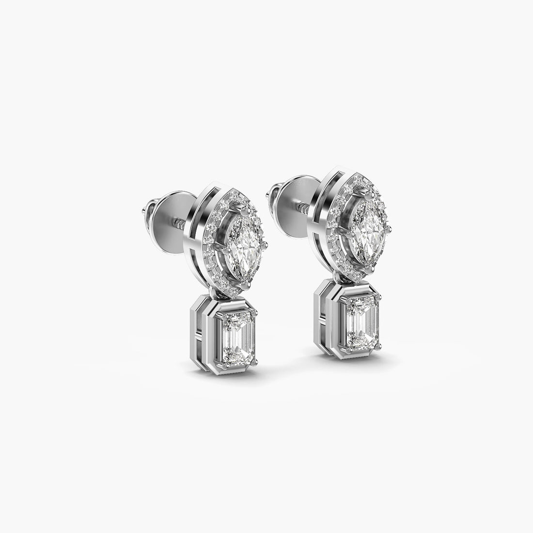 Radiant Drop Solitaire Earrings - 3D View in White Gold - Radiant Diamond Earring by Moena