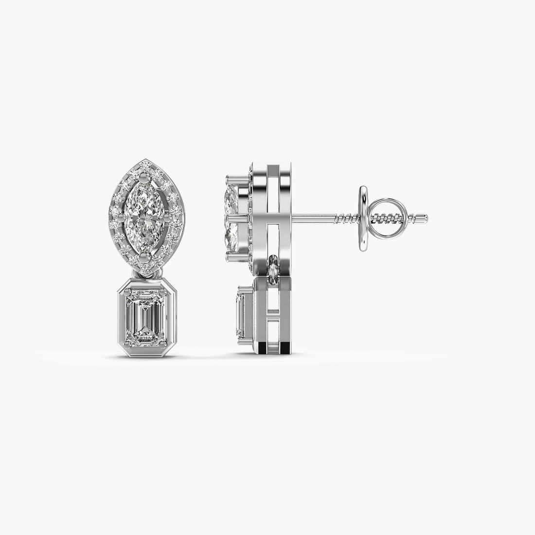 Radiant Drop Solitaire Earrings - Side View in White Gold - Radiant Diamond Earring by Moena