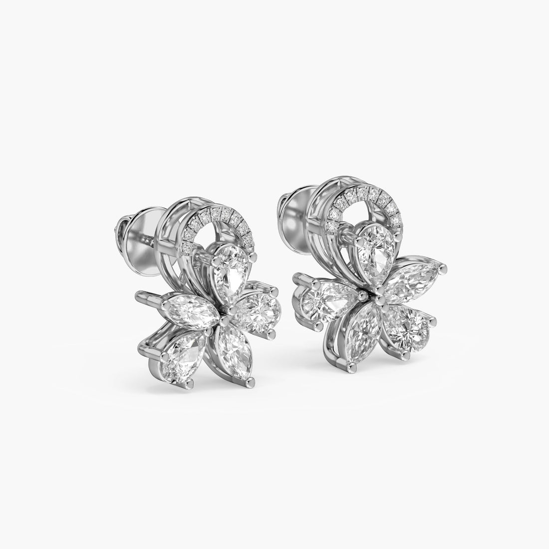 Petal Cluster Diamond Studs - 3D View in White Gold - Diamond Stud by Moena