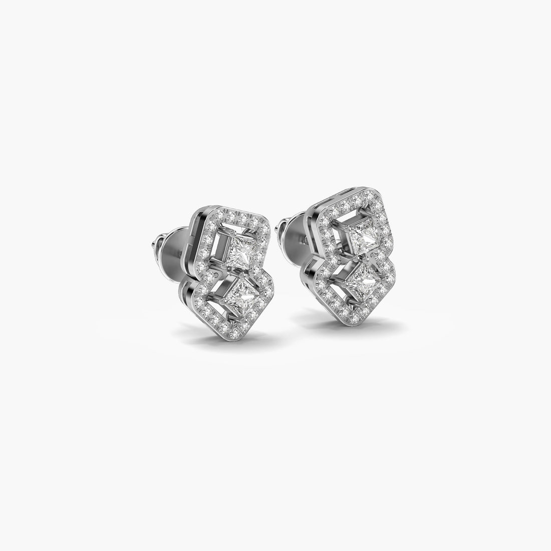 Radiant Dual Diamond Motif Earrings - 3D View in White Gold - Radiant Diamond Earring by Moena