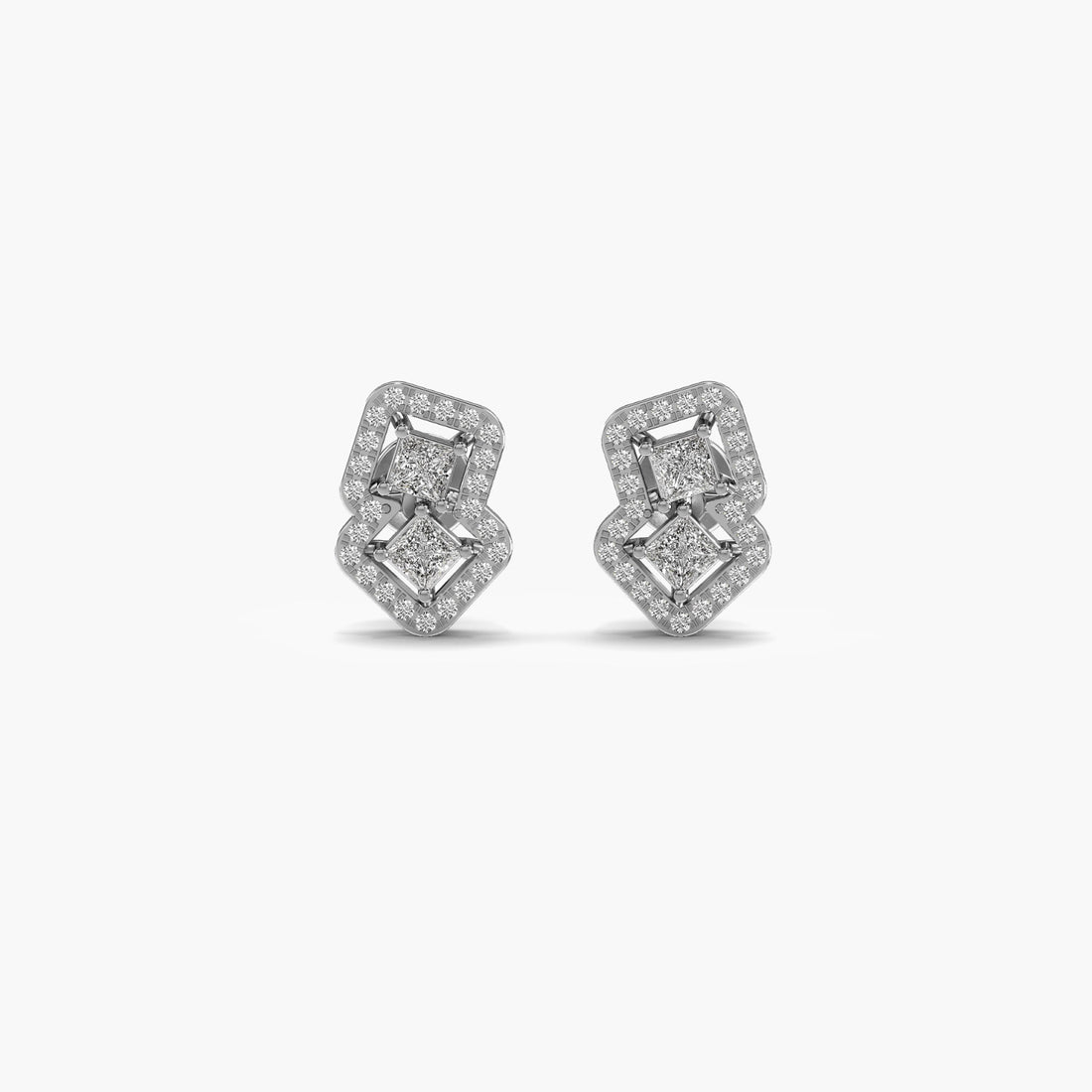 Radiant Dual Diamond Motif Earrings - Front View in White Gold - Radiant Diamond Earring by Moena