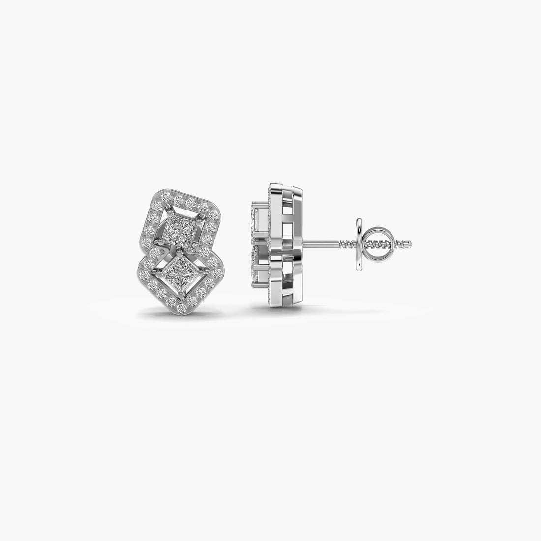 Radiant Dual Diamond Motif Earrings - Side View in White Gold - Radiant Diamond Earring by Moena