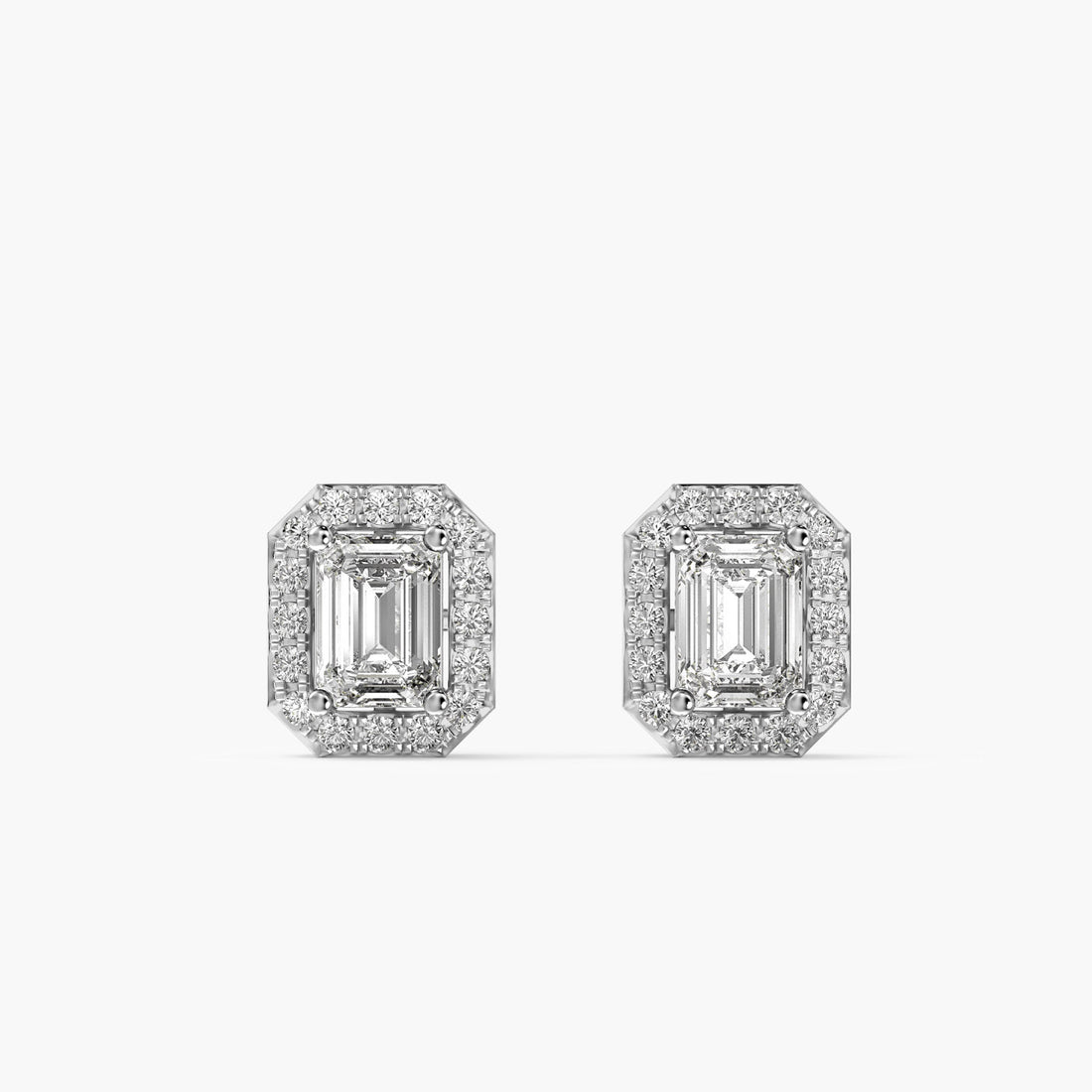 Emerald Halo Studs - Front View in White Gold - Emerald Diamond Stud by Moena