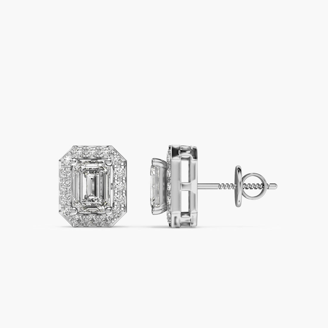 Emerald Halo Studs - Side View in White Gold - Emerald Diamond Stud by Moena