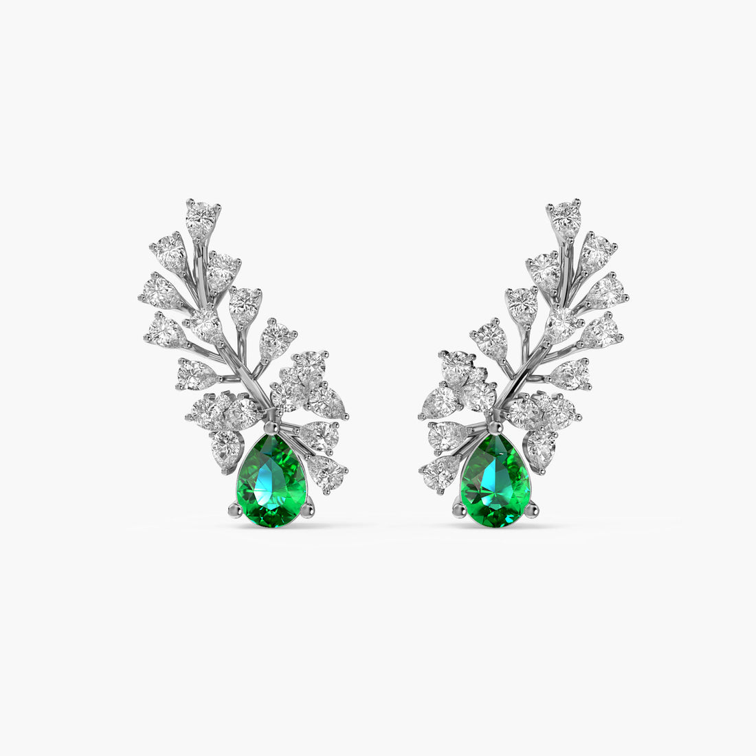 Emerald Leaf Climber Earrings - Front View in White Gold - Emerald Diamond Earring by Moena