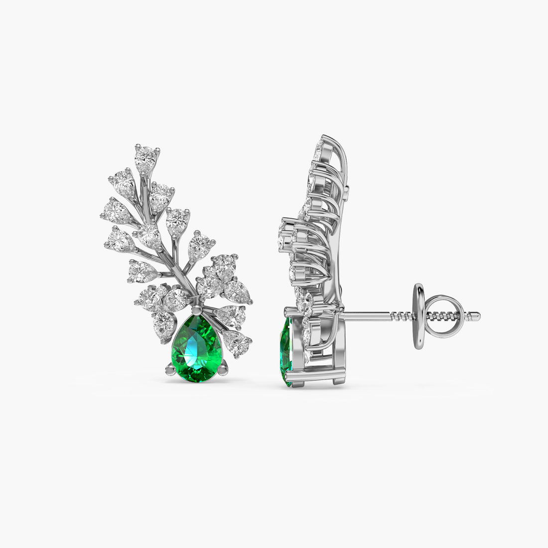 Emerald Leaf Climber Earrings - Side View in White Gold - Emerald Diamond Earring by Moena