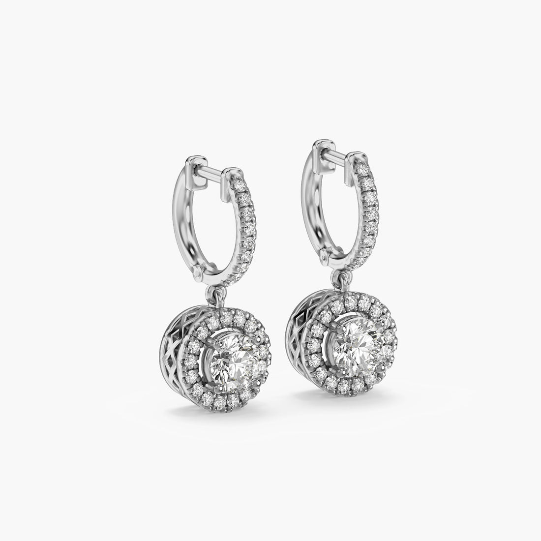 Halo Drop Earrings - 3D View in White Gold - Diamond Earring by Moena